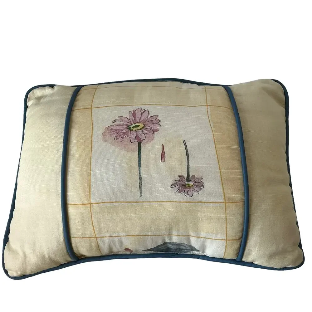 CROSCILL ACCESSORIES Throw Pillow Yellow Floral Cottage Core Blue Cord USA 15x11
